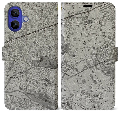 【桜新町（東京都）】地図柄iPhoneケース（手帳タイプ）モノトーン・iPhone 16 Pro Max 用