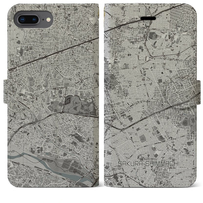 【桜新町（東京都）】地図柄iPhoneケース（手帳タイプ）モノトーン・iPhone 8Plus /7Plus / 6sPlus / 6Plus 用