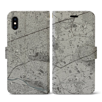 【桜新町（東京都）】地図柄iPhoneケース（手帳タイプ）モノトーン・iPhone XS / X 用
