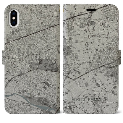 【桜新町（東京都）】地図柄iPhoneケース（手帳タイプ）モノトーン・iPhone XS Max 用