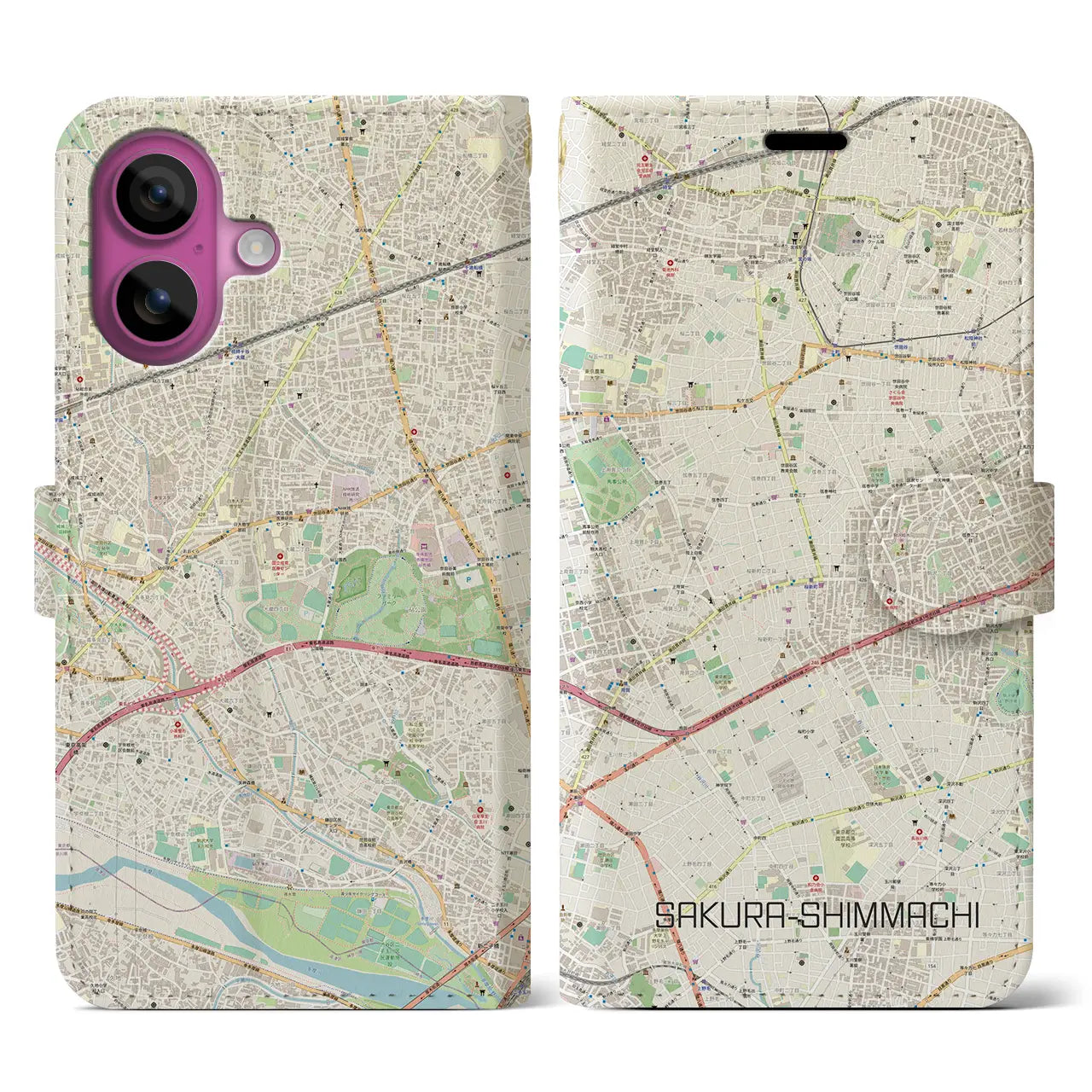 【桜新町（東京都）】地図柄iPhoneケース（手帳タイプ）ナチュラル・iPhone 16 Pro 用