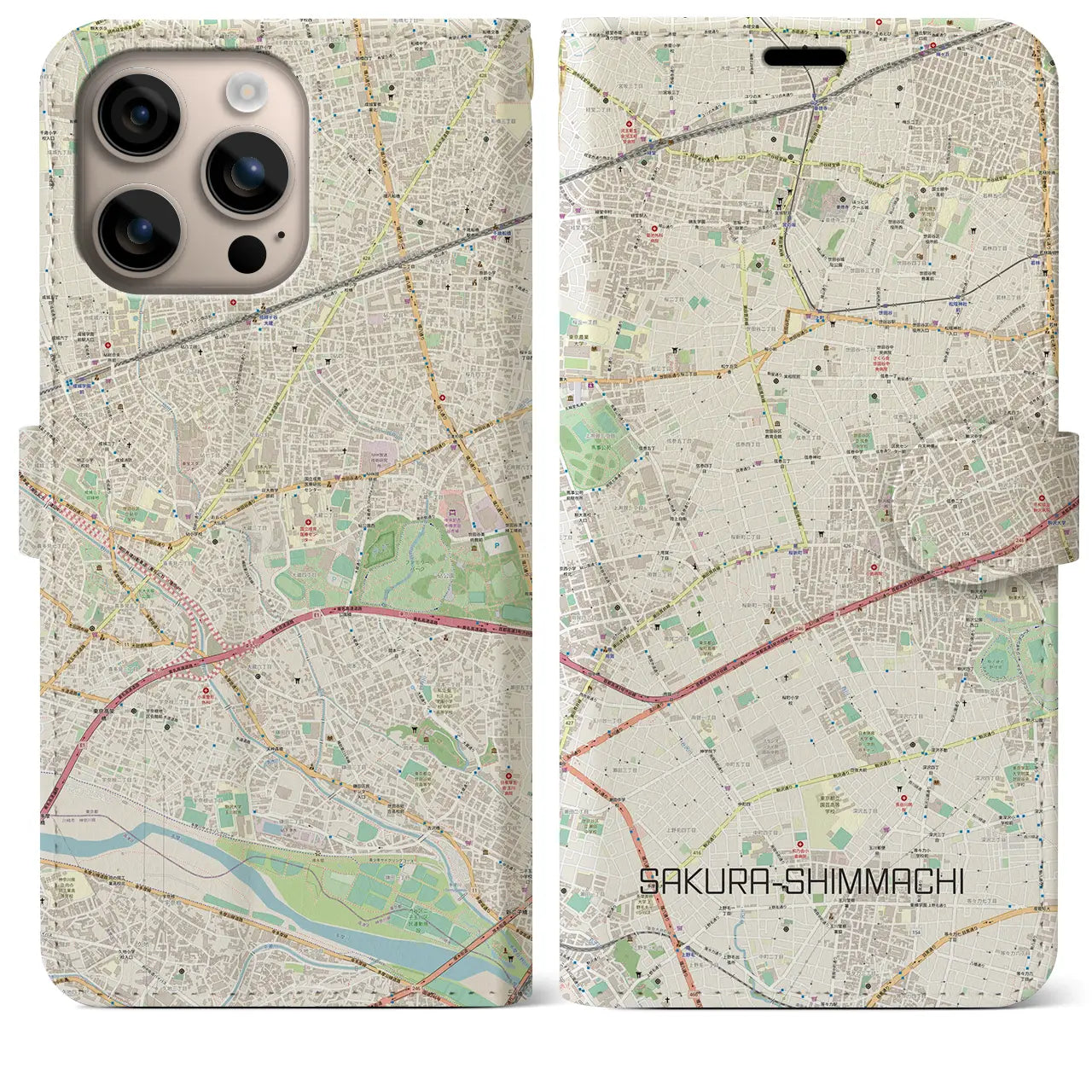 【桜新町（東京都）】地図柄iPhoneケース（手帳タイプ）ナチュラル・iPhone 16 Plus 用