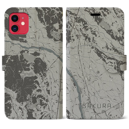 【さくら（栃木県）】地図柄iPhoneケース（手帳タイプ）モノトーン・iPhone 11 用