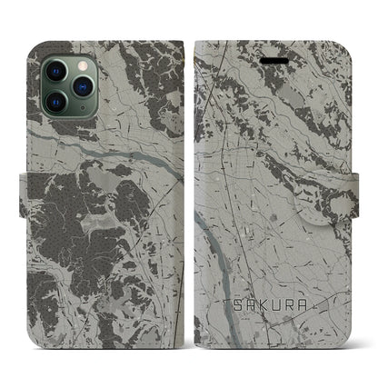 【さくら（栃木県）】地図柄iPhoneケース（手帳タイプ）モノトーン・iPhone 11 Pro 用
