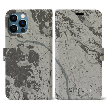 【さくら（栃木県）】地図柄iPhoneケース（手帳タイプ）モノトーン・iPhone 12 / 12 Pro 用