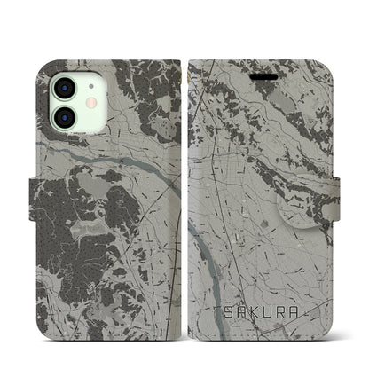 【さくら（栃木県）】地図柄iPhoneケース（手帳タイプ）モノトーン・iPhone 12 mini 用