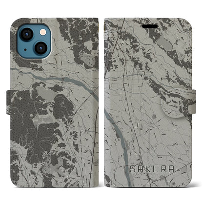 【さくら（栃木県）】地図柄iPhoneケース（手帳タイプ）モノトーン・iPhone 13 用