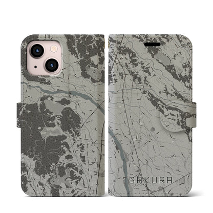 【さくら（栃木県）】地図柄iPhoneケース（手帳タイプ）モノトーン・iPhone 13 mini 用