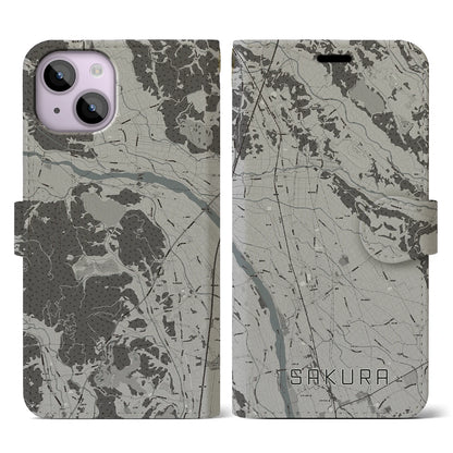 【さくら（栃木県）】地図柄iPhoneケース（手帳タイプ）モノトーン・iPhone 14 用