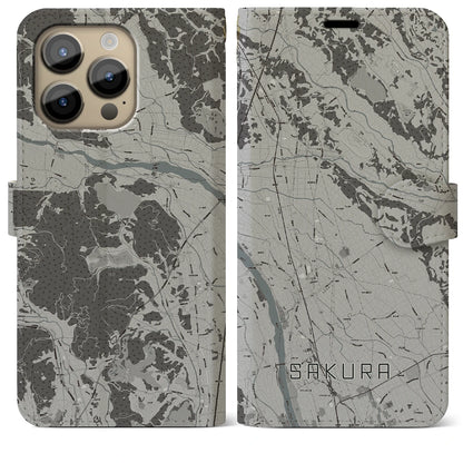 【さくら（栃木県）】地図柄iPhoneケース（手帳タイプ）モノトーン・iPhone 14 Pro Max 用