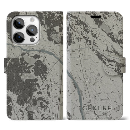 【さくら（栃木県）】地図柄iPhoneケース（手帳タイプ）モノトーン・iPhone 14 Pro 用