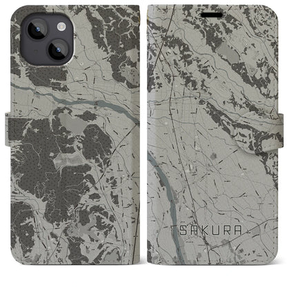 【さくら（栃木県）】地図柄iPhoneケース（手帳タイプ）モノトーン・iPhone 14 Plus 用