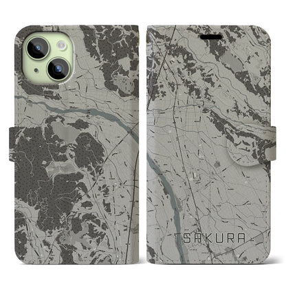 【さくら（栃木県）】地図柄iPhoneケース（手帳タイプ）モノトーン・iPhone 15 用