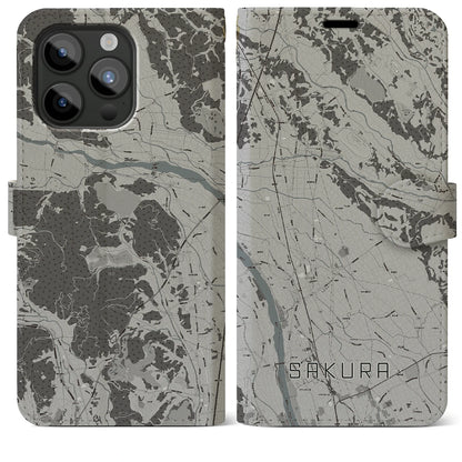 【さくら（栃木県）】地図柄iPhoneケース（手帳タイプ）モノトーン・iPhone 15 Pro Max 用