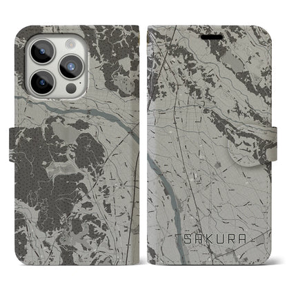 【さくら（栃木県）】地図柄iPhoneケース（手帳タイプ）モノトーン・iPhone 15 Pro 用