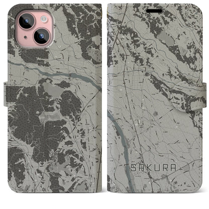 【さくら（栃木県）】地図柄iPhoneケース（手帳タイプ）モノトーン・iPhone 15 Plus 用