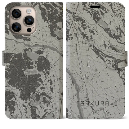 【さくら（栃木県）】地図柄iPhoneケース（手帳タイプ）モノトーン・iPhone 16 Plus 用