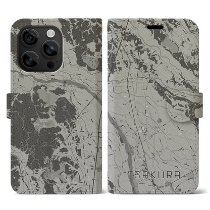 【さくら（栃木県）】地図柄iPhoneケース（手帳タイプ）モノトーン・iPhone 16 用