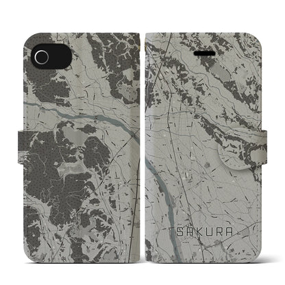 【さくら（栃木県）】地図柄iPhoneケース（手帳タイプ）モノトーン・iPhone SE（第3 / 第2世代） / 8 / 7 / 6s / 6 用