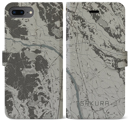 【さくら（栃木県）】地図柄iPhoneケース（手帳タイプ）モノトーン・iPhone 8Plus /7Plus / 6sPlus / 6Plus 用