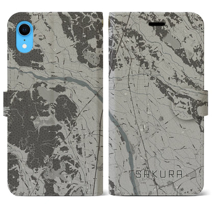 【さくら（栃木県）】地図柄iPhoneケース（手帳タイプ）モノトーン・iPhone XR 用