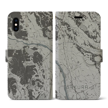 【さくら（栃木県）】地図柄iPhoneケース（手帳タイプ）モノトーン・iPhone XS / X 用