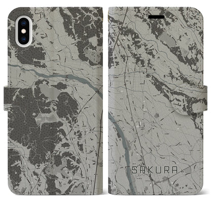 【さくら（栃木県）】地図柄iPhoneケース（手帳タイプ）モノトーン・iPhone XS Max 用