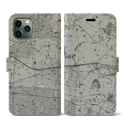 【桜台（東京都）】地図柄iPhoneケース（手帳タイプ）モノトーン・iPhone 11 Pro 用