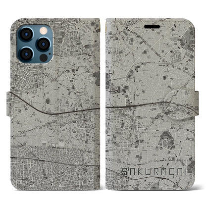 【桜台（東京都）】地図柄iPhoneケース（手帳タイプ）モノトーン・iPhone 12 / 12 Pro 用