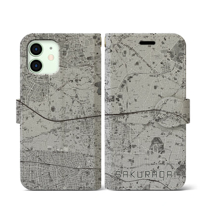 【桜台（東京都）】地図柄iPhoneケース（手帳タイプ）モノトーン・iPhone 12 mini 用