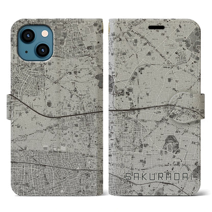 【桜台（東京都）】地図柄iPhoneケース（手帳タイプ）モノトーン・iPhone 13 用