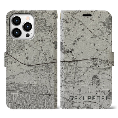 【桜台（東京都）】地図柄iPhoneケース（手帳タイプ）モノトーン・iPhone 13 Pro 用