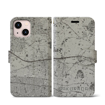 【桜台（東京都）】地図柄iPhoneケース（手帳タイプ）モノトーン・iPhone 13 mini 用