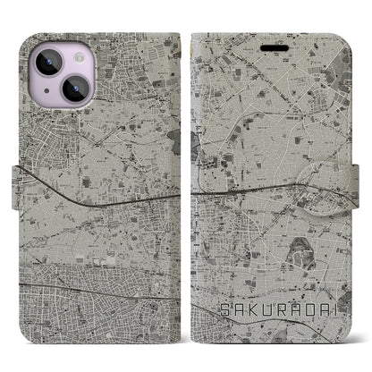 【桜台（東京都）】地図柄iPhoneケース（手帳タイプ）モノトーン・iPhone 14 用
