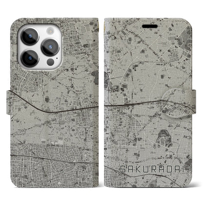【桜台（東京都）】地図柄iPhoneケース（手帳タイプ）モノトーン・iPhone 14 Pro 用