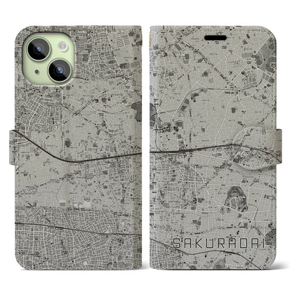 【桜台（東京都）】地図柄iPhoneケース（手帳タイプ）モノトーン・iPhone 15 用