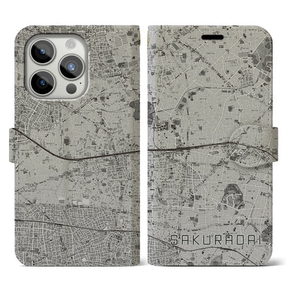 【桜台（東京都）】地図柄iPhoneケース（手帳タイプ）モノトーン・iPhone 15 Pro 用