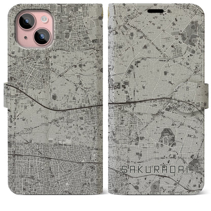【桜台（東京都）】地図柄iPhoneケース（手帳タイプ）モノトーン・iPhone 15 Plus 用