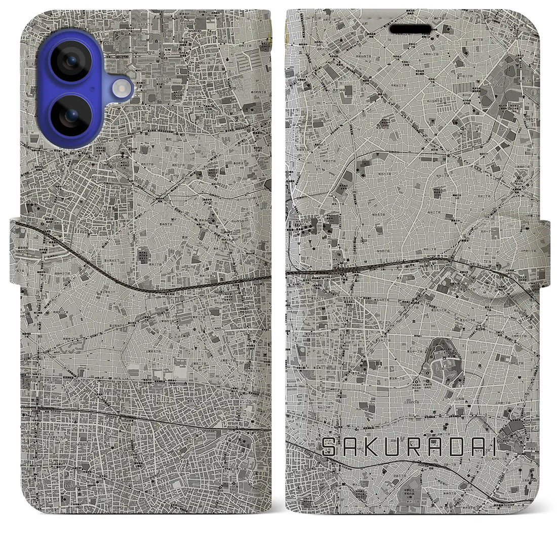 【桜台(東京都)】地図柄iPhoneケース(手帳タイプ)モノトーン・iPhone 16 Pro Max 用