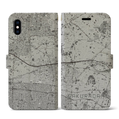 【桜台（東京都）】地図柄iPhoneケース（手帳タイプ）モノトーン・iPhone XS / X 用