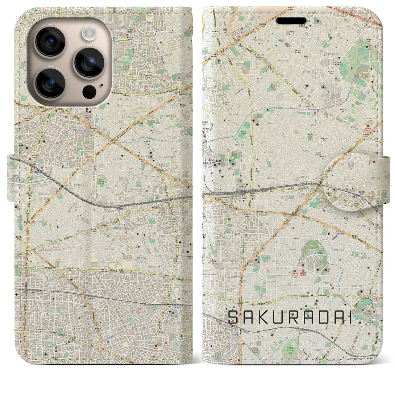 【桜台（東京都）】地図柄iPhoneケース（手帳タイプ）ナチュラル・iPhone 16 Plus 用