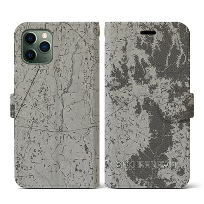 【桜川（茨城県）】地図柄iPhoneケース（手帳タイプ）モノトーン・iPhone 11 Pro 用