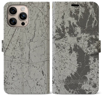 【桜川（茨城県）】地図柄iPhoneケース（手帳タイプ）モノトーン・iPhone 16 Plus 用