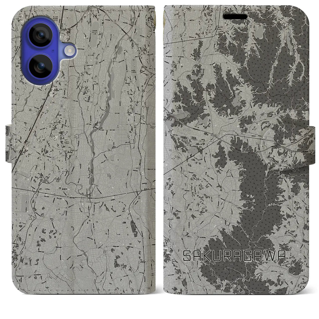 【桜川(茨城県)】地図柄iPhoneケース(手帳タイプ)モノトーン・iPhone 16 Pro Max 用