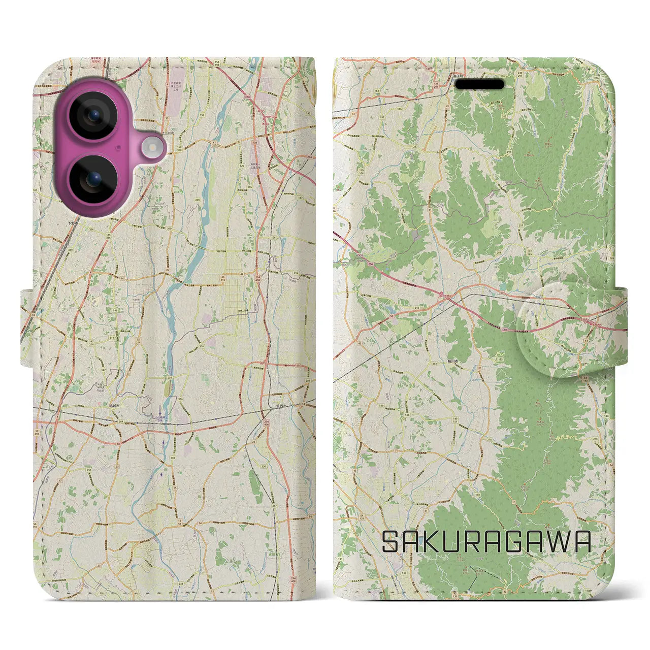 【桜川（茨城県）】地図柄iPhoneケース（手帳タイプ）ナチュラル・iPhone 16 Pro 用