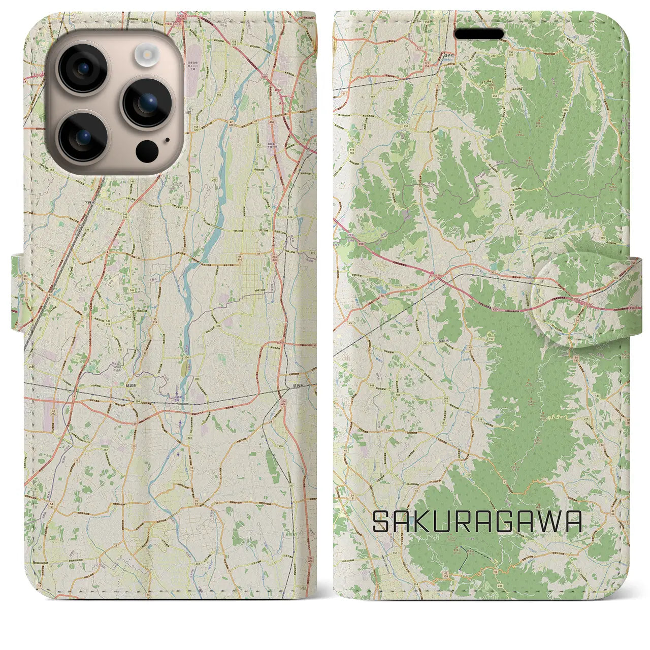 【桜川（茨城県）】地図柄iPhoneケース（手帳タイプ）ナチュラル・iPhone 16 Plus 用