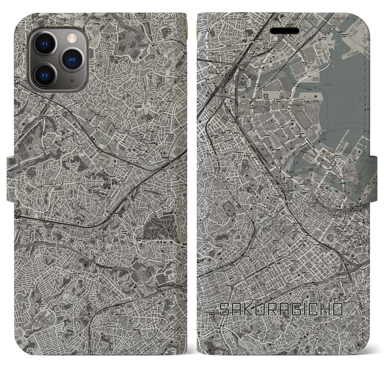 【桜木町】地図柄iPhoneケース（手帳両面タイプ・モノトーン）iPhone 11 Pro Max 用