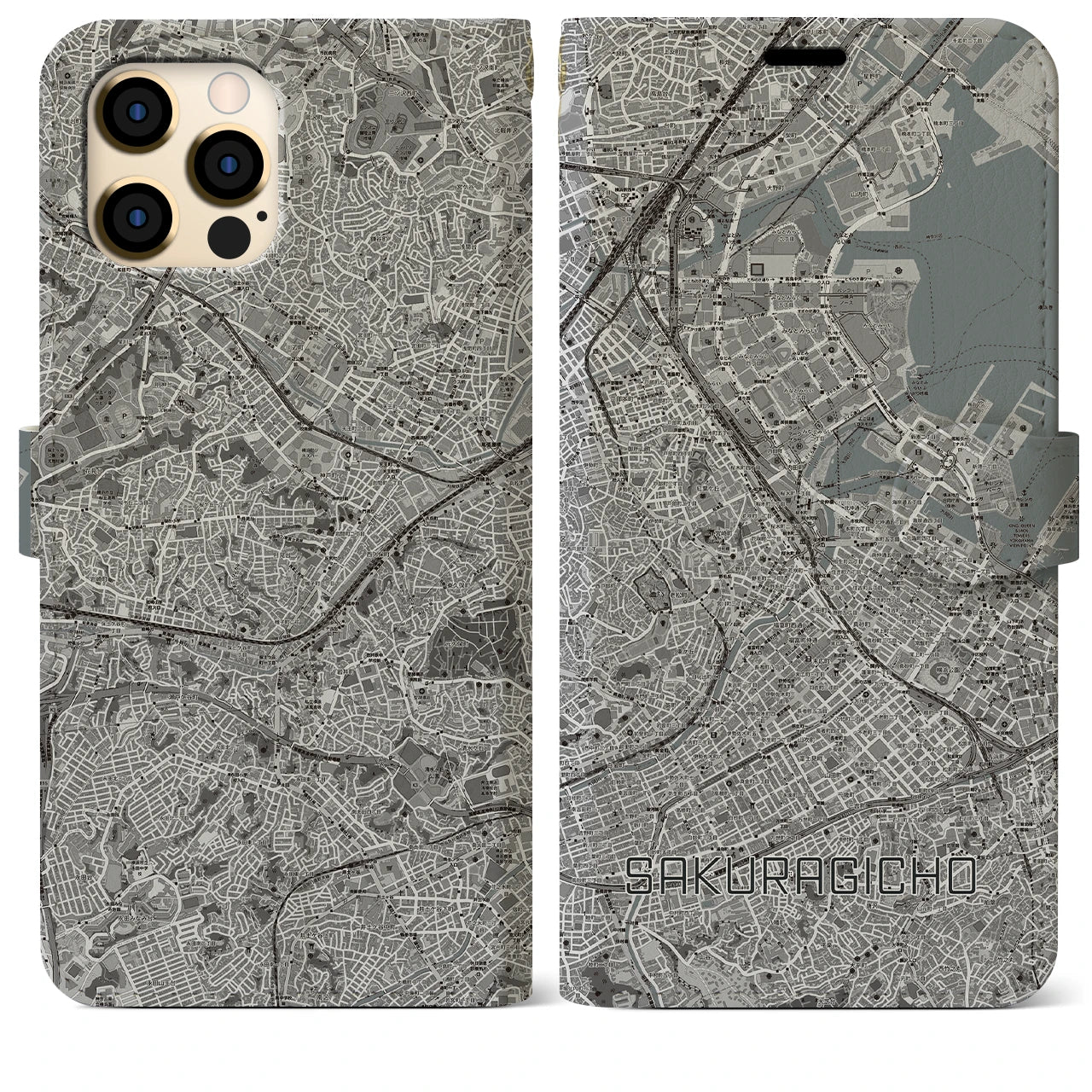 【桜木町】地図柄iPhoneケース（手帳両面タイプ・モノトーン）iPhone 12 Pro Max 用