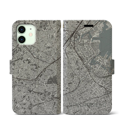 【桜木町（神奈川県）】地図柄iPhoneケース（手帳タイプ）モノトーン・iPhone 12 mini 用