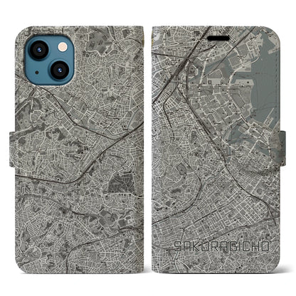 【桜木町（神奈川県）】地図柄iPhoneケース（手帳タイプ）モノトーン・iPhone 13 用